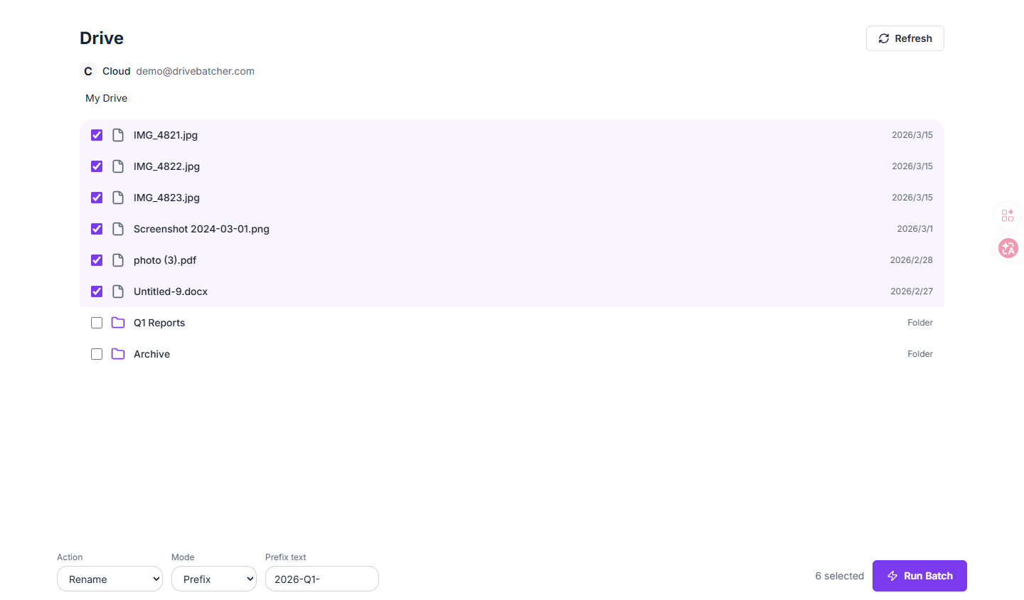 DriveBatcher rename interface: select files, choose prefix mode, and run batch